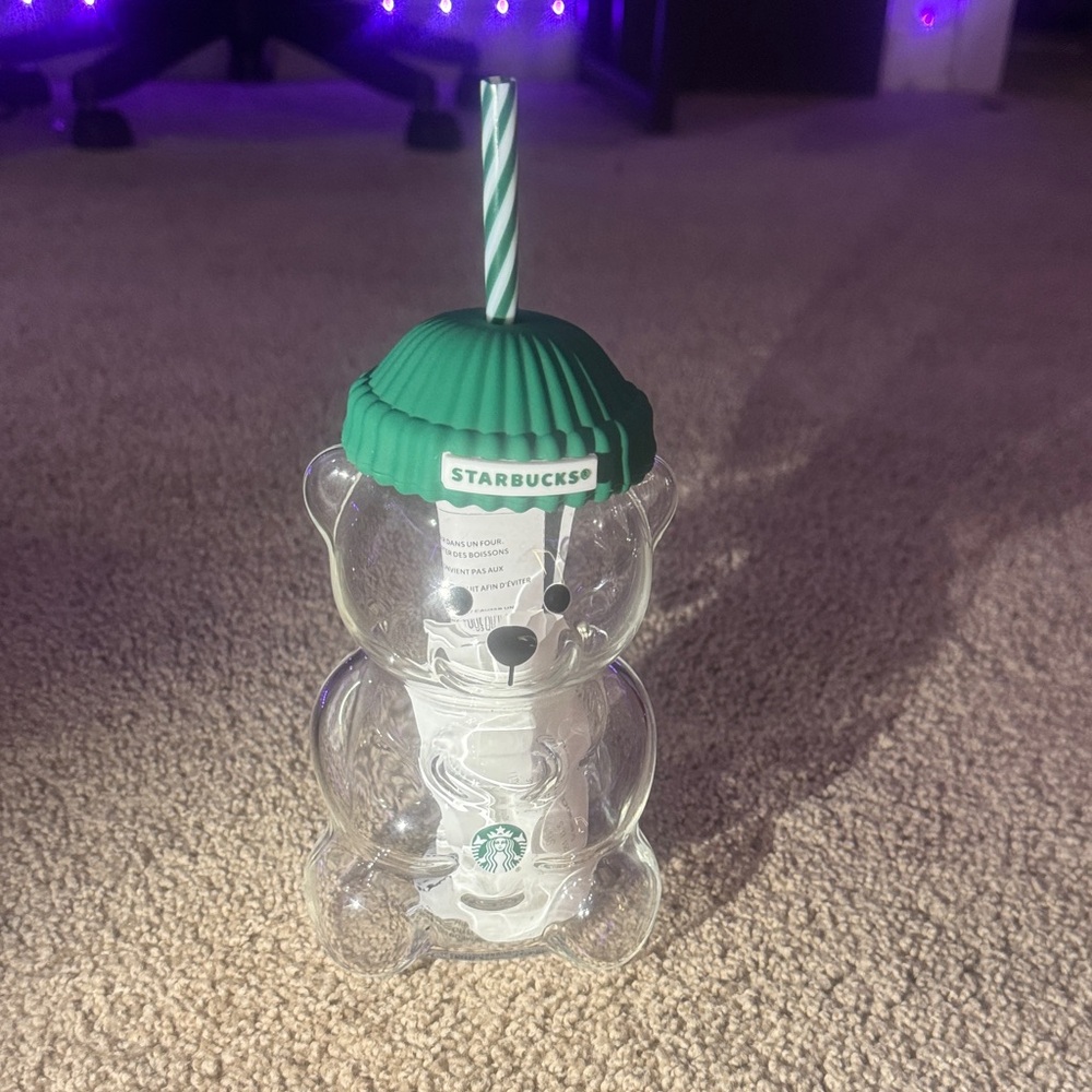 Starbucks Clear Bear Tumbler with Green Beanie Lid and Striped Straw